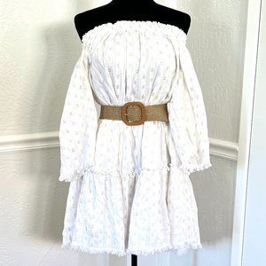 Vineyard Vines White Cotton Off-The-Shoulder Gold Shimmer Dobby Dress Women's XL